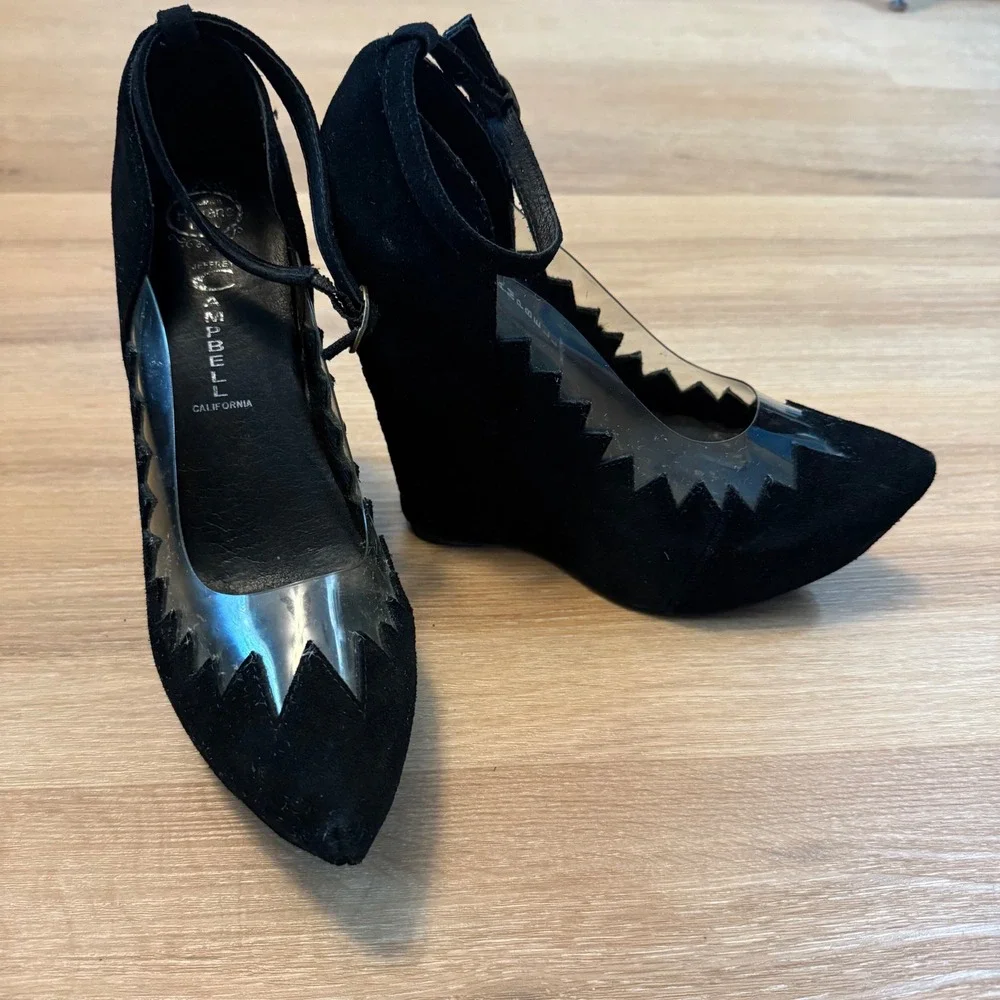 Jeffrey Campbell Wedge Heels 8 Handmade Havana Black Suede Platform ZigZag Clear